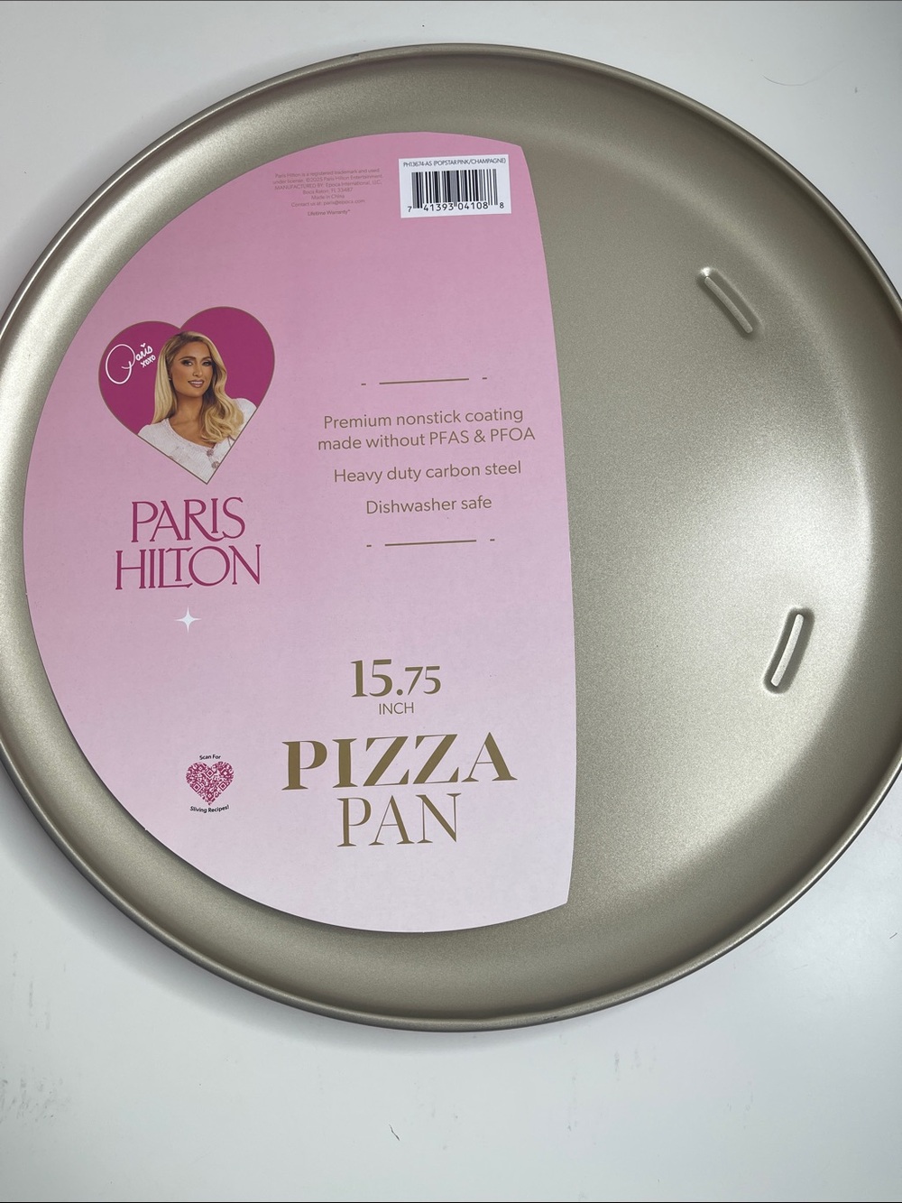 Paris Hilton Metallic Champagne Pizza Pan with Pink Label